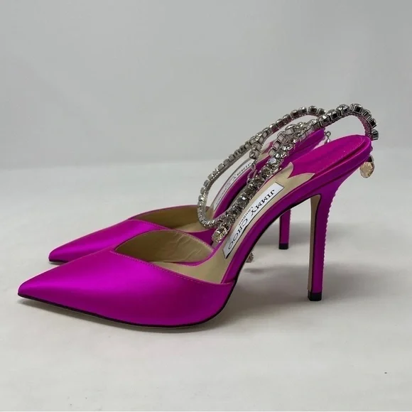 Jimmy Choo Saeda‎ 100mm Ankle Strap Pumps in Fuschia Satin with Crystal Chain - Picture 10 of 16